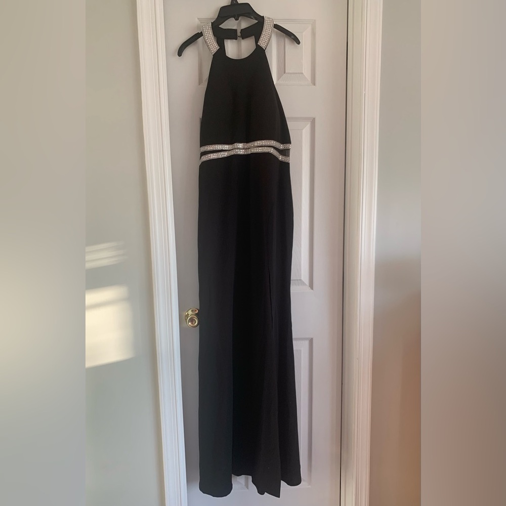 My Michelle Black Sleeveless Halter Gown w Slit